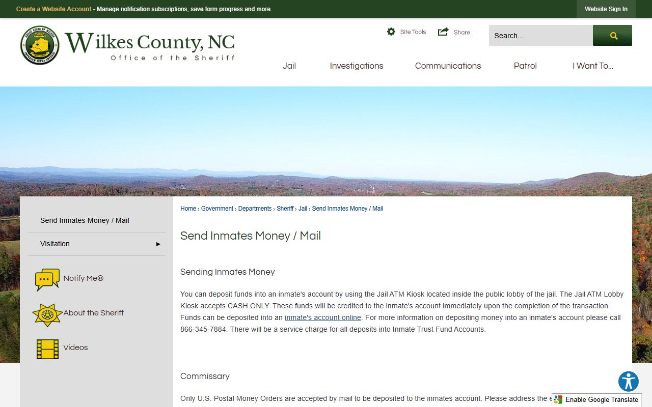 Wilkes County inmate records inmate money and mail page