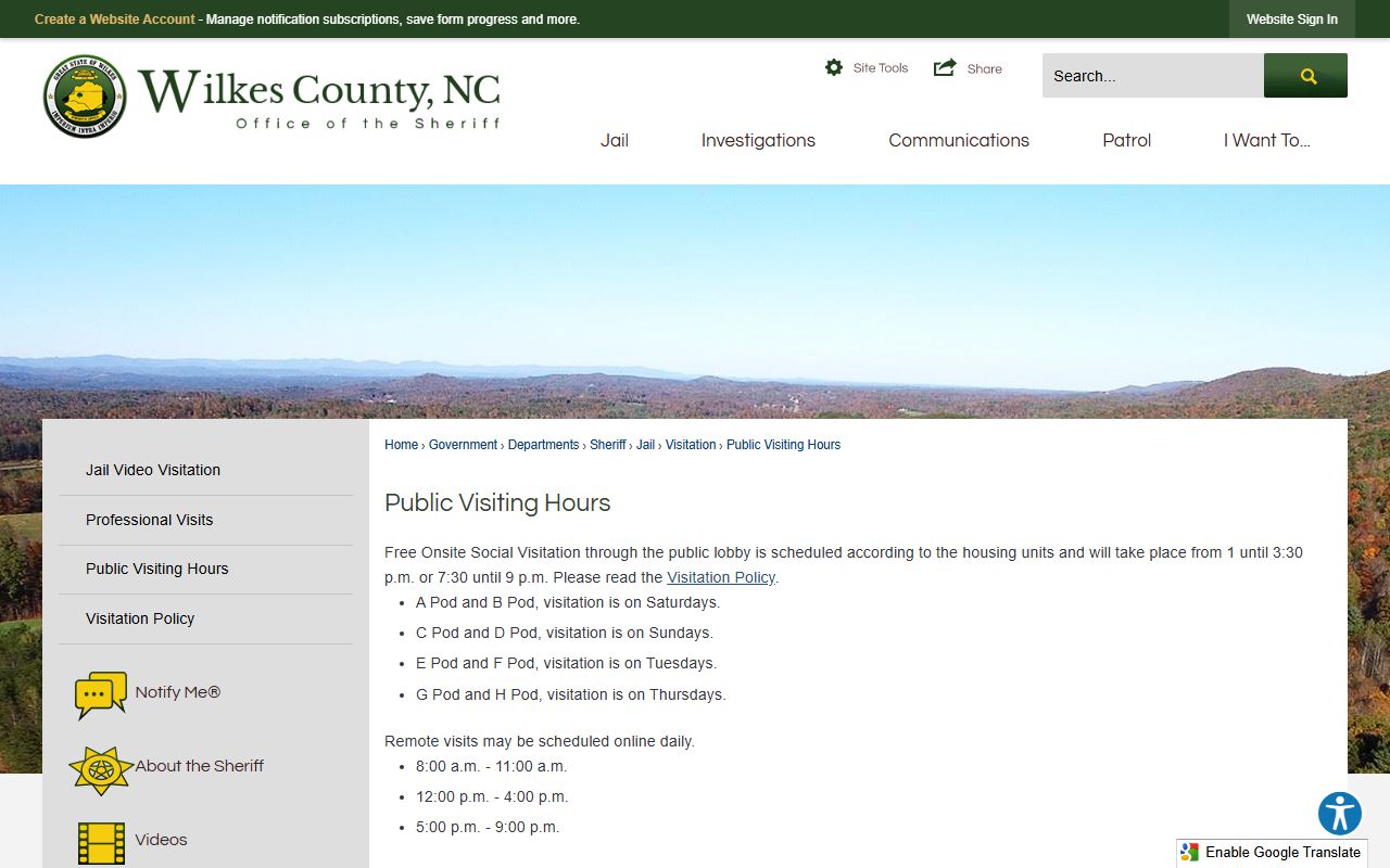 Wilkes County inmate records public visiting hours schedule