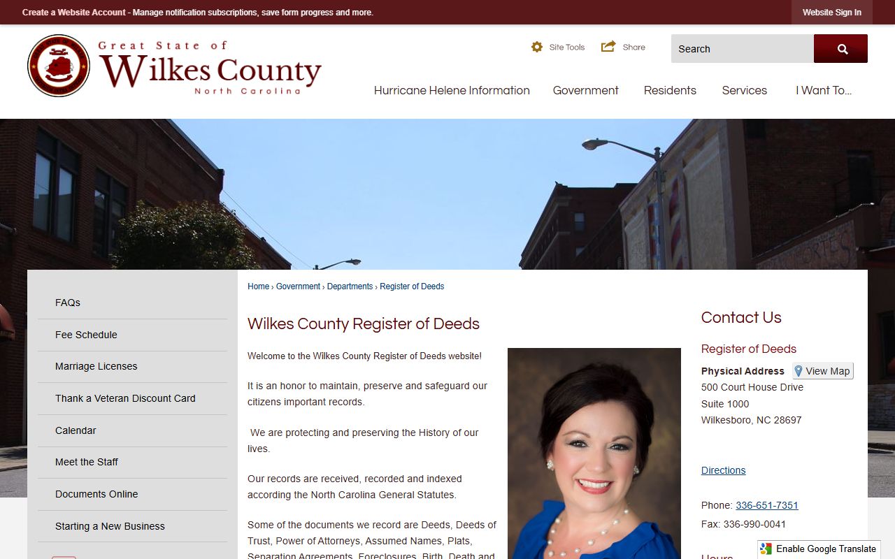 Wilkes County marriage and divorce records Register of Deeds page