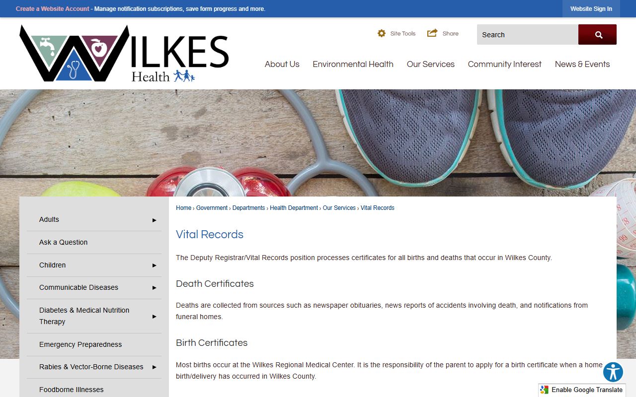 Wilkes County marriage records vital records page