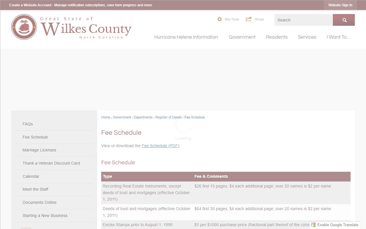 Wilkes County marriage records Register of Deeds fee schedule
