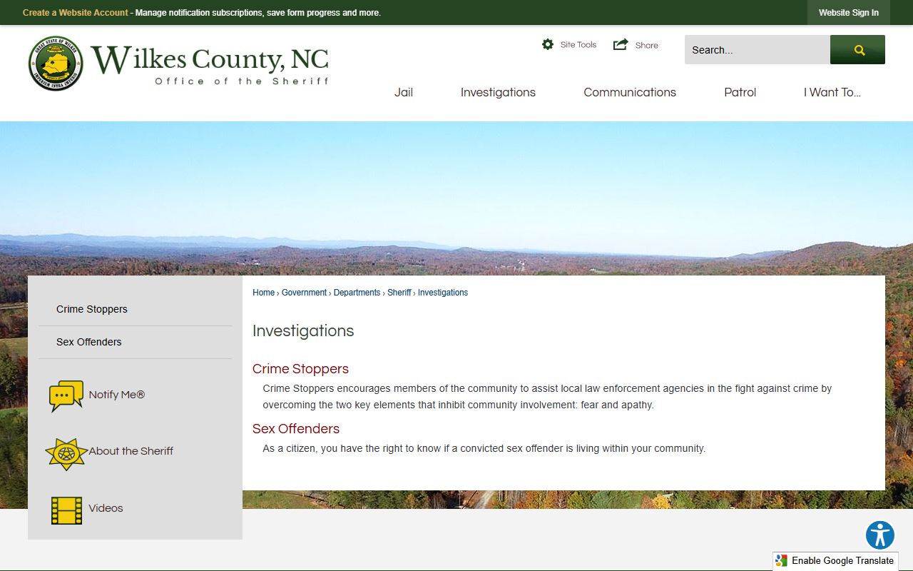 Wilkes County warrant records Sheriff investigations page