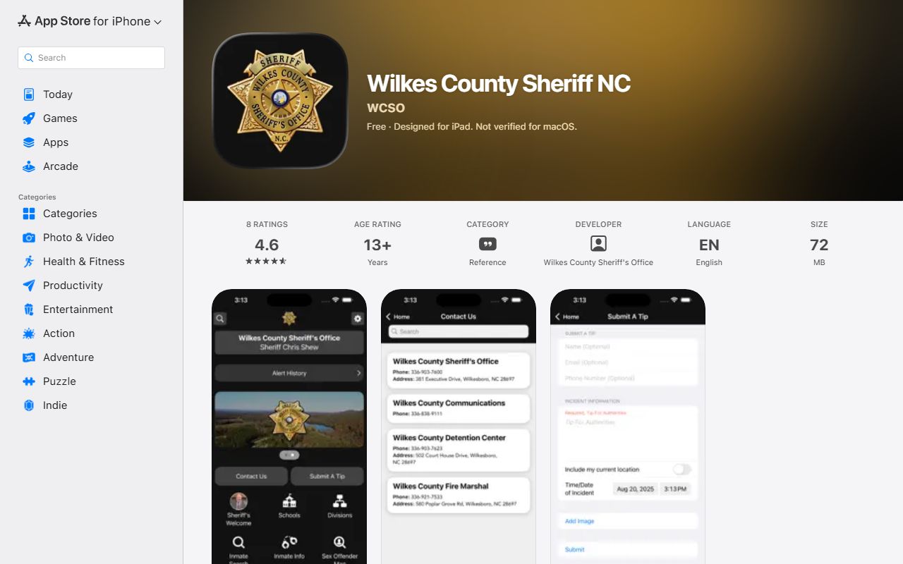 Wilkes County warrant records Sheriff iOS app listing